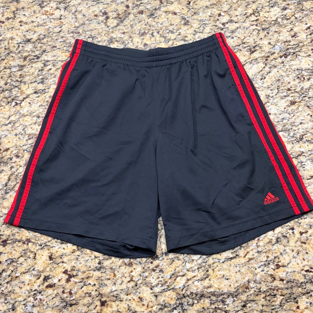 Adidas Mens Athletic Shorts Black Red 3 Stripe Basketball Gym Medium